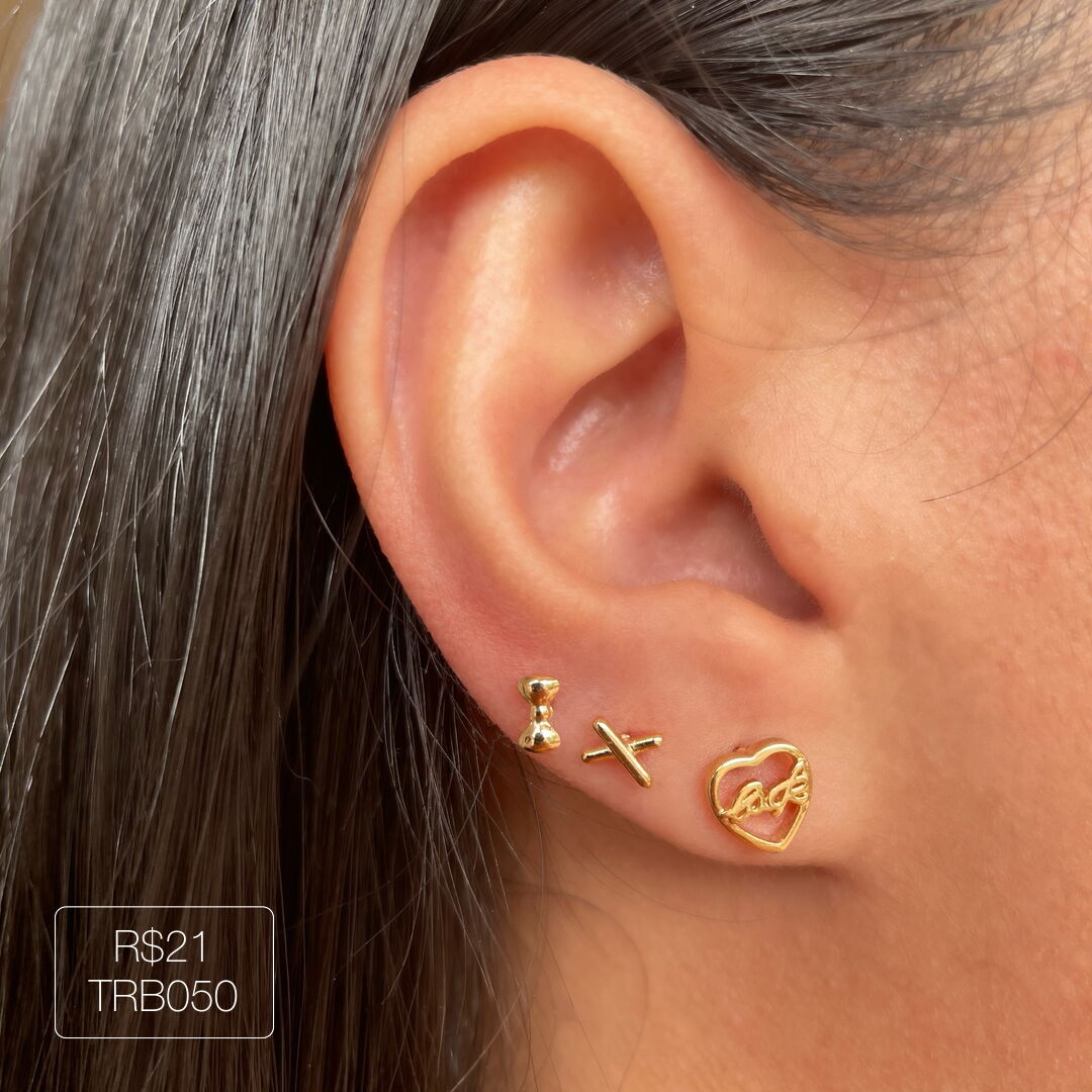 Trio De Brincos Coração Love + X Liso + Laço Liso